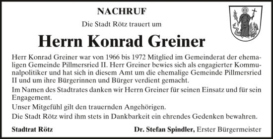 Traueranzeige von Konrad Greiner von Bayerwald Echo