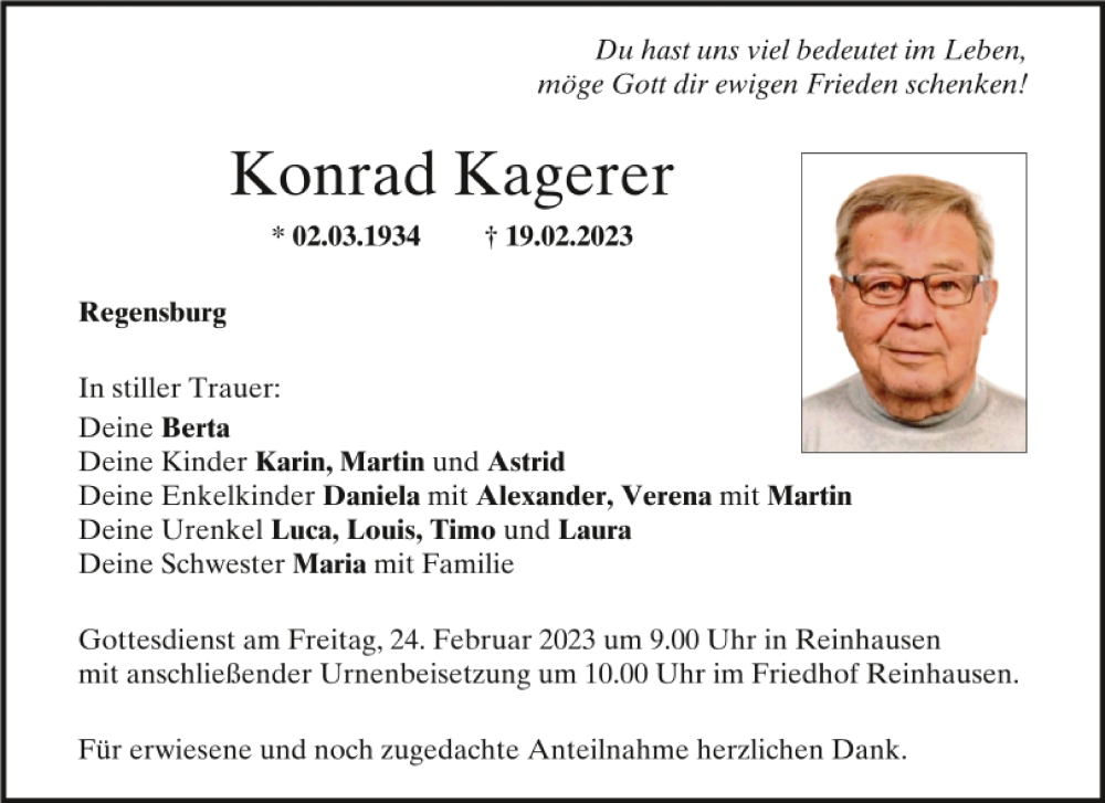  Traueranzeige für Konrad Kagerer vom 21.02.2023 aus Mittelbayerische Zeitung Regensburg