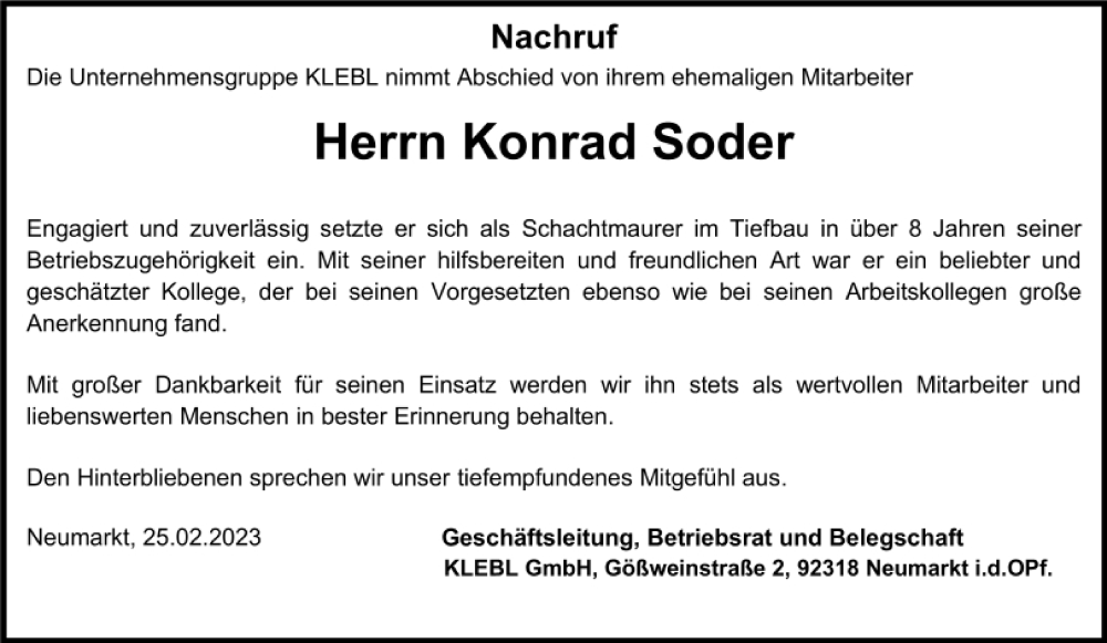  Traueranzeige für Konrad Soder vom 25.02.2023 aus Neumarkter Tagblatt