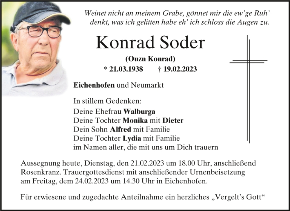  Traueranzeige für Konrad Soder vom 21.02.2023 aus Neumarkter Tagblatt