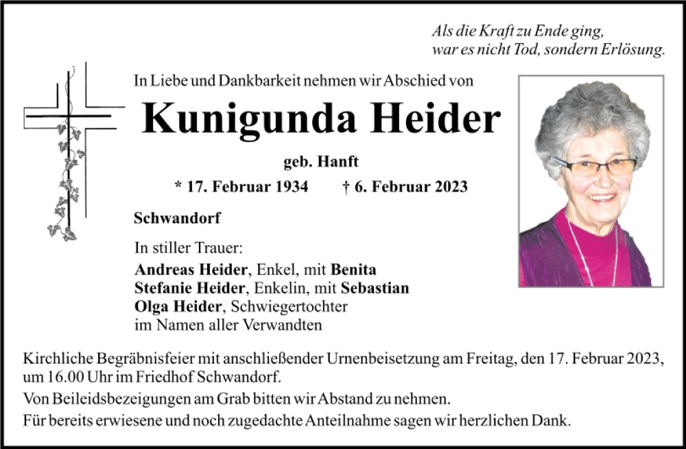  Traueranzeige für Kunigunda Heider vom 11.02.2023 aus Mittelbayerische Zeitung Schwandorf