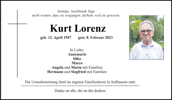 Traueranzeige von Kurt Lorenz von Mittelbayerische Zeitung Regensburg