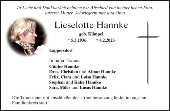 Traueranzeige von Lieselotte Hannke von Mittelbayerische Zeitung Regensburg