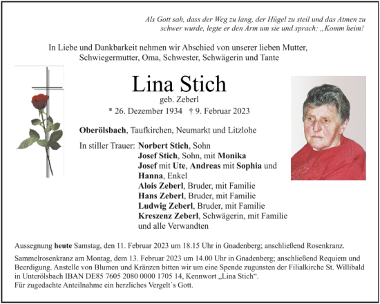 Traueranzeige von Lina Stich von Neumarkter Tagblatt