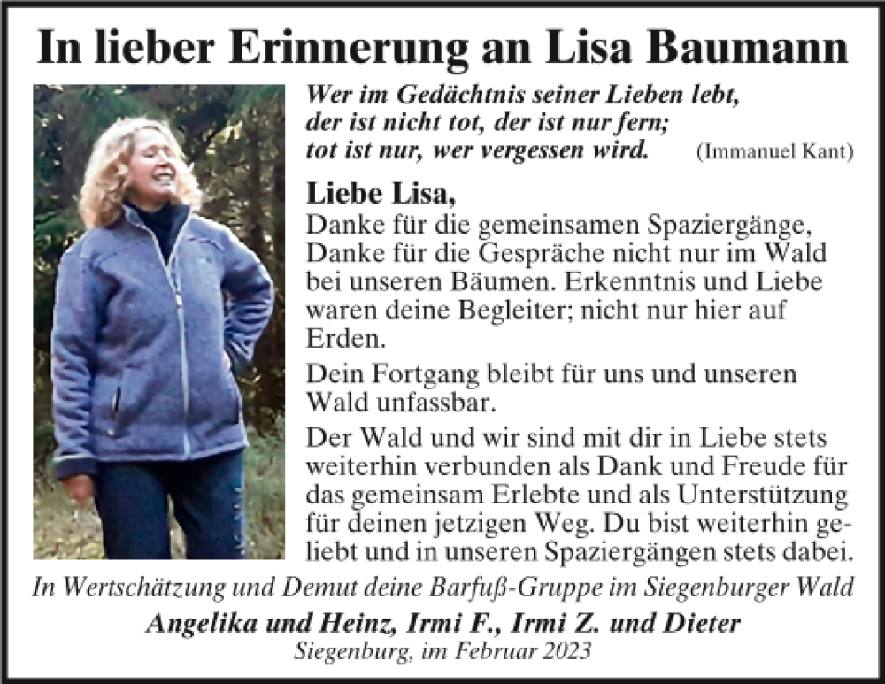  Traueranzeige für Lisa Baumann vom 01.03.2023 aus Mittelbayerische Zeitung Kelheim