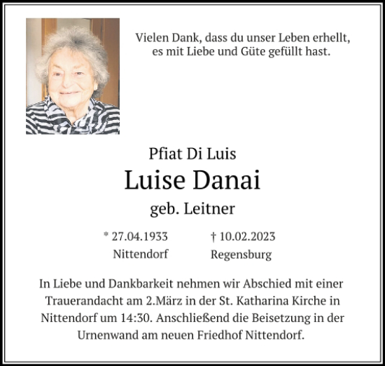 Traueranzeige von Luise Danai von Mittelbayerische Zeitung Regensburg