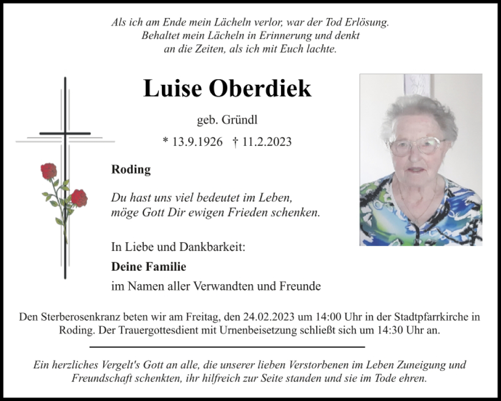  Traueranzeige für Luise Oberdiek vom 22.02.2023 aus Bayerwald Echo
