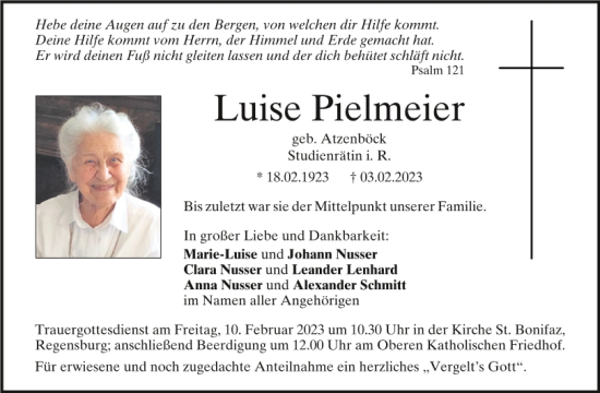 Traueranzeige von Luise Pielmeier von Mittelbayerische Zeitung Regensburg