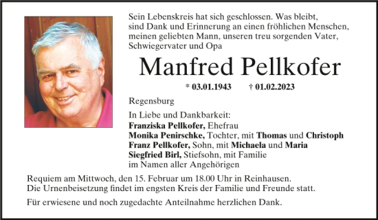 Traueranzeige von Manfred Pellkofer von Mittelbayerische Zeitung Regensburg