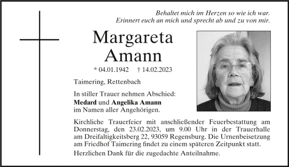  Traueranzeige für Margareta Amann vom 21.02.2023 aus Mittelbayerische Zeitung Regensburg
