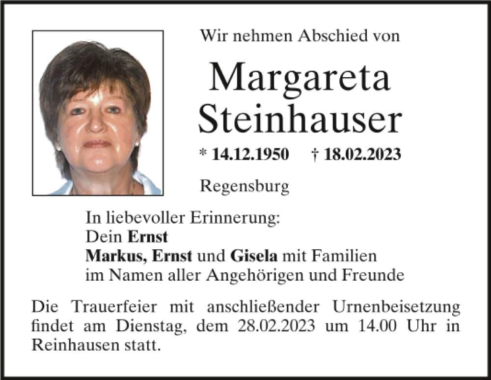  Traueranzeige für Margareta Steinhauser vom 22.02.2023 aus Mittelbayerische Zeitung Regensburg