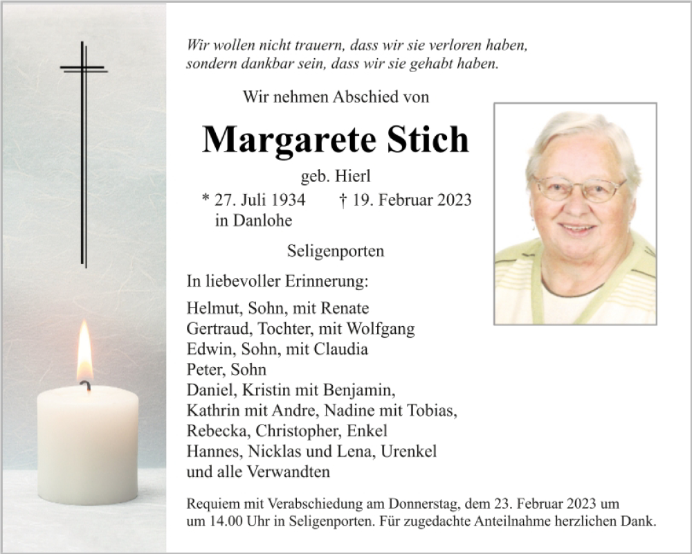 Traueranzeige für Margarete Stich vom 21.02.2023 aus Neumarkter Tagblatt