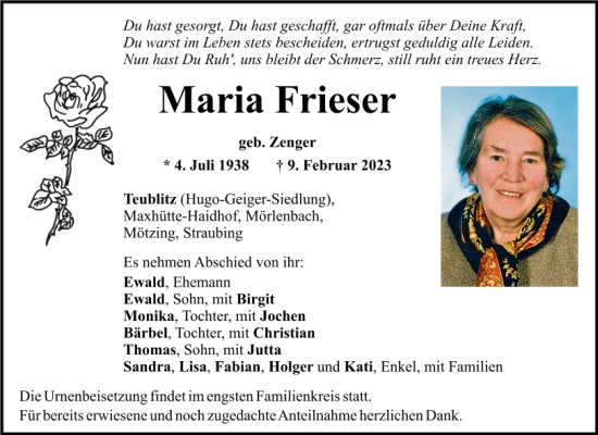 Traueranzeige von Maria Frieser von Mittelbayerische Zeitung Schwandorf