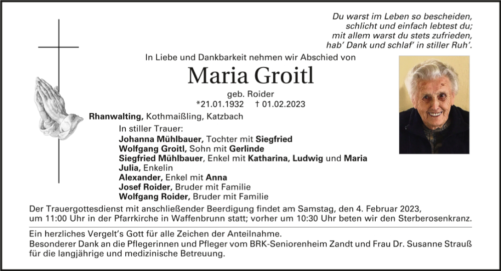  Traueranzeige für Maria Groitl vom 03.02.2023 aus Bayerwald Echo
