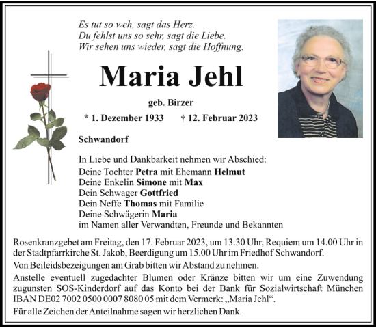 Traueranzeige von Maria Jehl von Mittelbayerische Zeitung Schwandorf