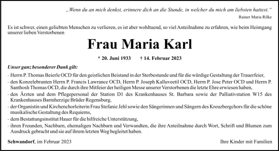 Traueranzeige von Maria Karl von Mittelbayerische Zeitung Schwandorf