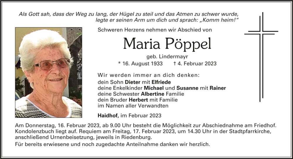  Traueranzeige für Maria Pöppel vom 13.02.2023 aus Mittelbayerische Zeitung Kelheim