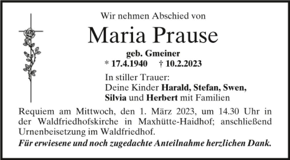  Traueranzeige für Maria Prause vom 25.02.2023 aus Mittelbayerische Zeitung Schwandorf