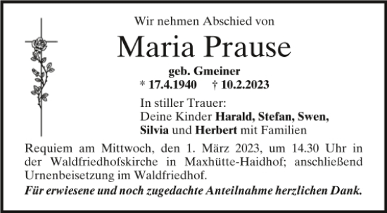 Traueranzeige von Maria Prause von Mittelbayerische Zeitung Schwandorf