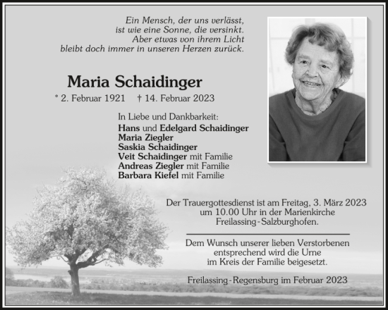 Traueranzeige von Maria Schaidinger von Mittelbayerische Zeitung Regensburg