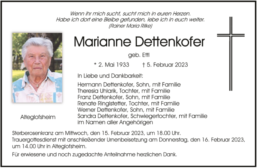  Traueranzeige für Marianne Dettenkofer vom 11.02.2023 aus Mittelbayerische Zeitung Regensburg