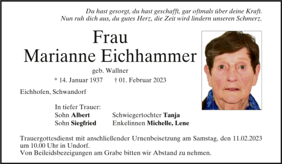 Traueranzeige von Marianne Eichhammer von Mittelbayerische Zeitung Regensburg