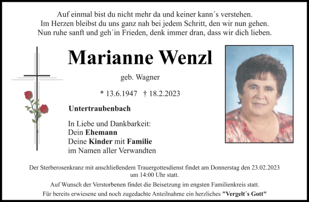  Traueranzeige für Marianne Wenzl vom 22.02.2023 aus Bayerwald Echo