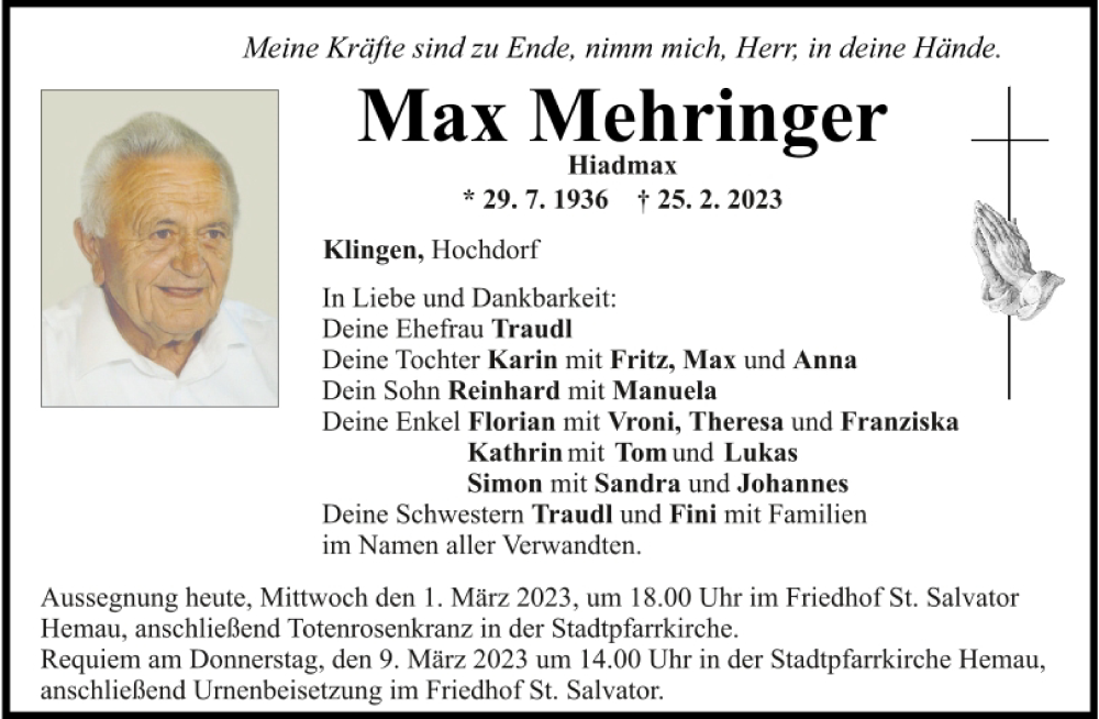  Traueranzeige für Max Mehringer vom 01.03.2023 aus Mittelbayerische Zeitung Regensburg