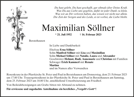 Traueranzeige von Maximilian Söllner von Mittelbayerische Zeitung Regensburg