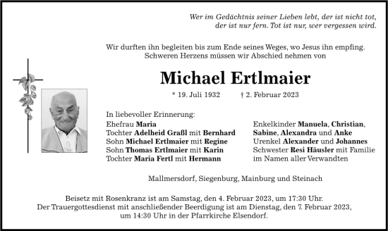 Traueranzeige von Michael Ertlmaier von Mittelbayerische Zeitung Kelheim