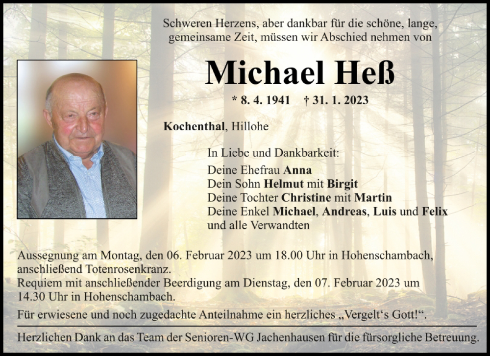  Traueranzeige für Michael Heß vom 04.02.2023 aus Mittelbayerische Zeitung Regensburg