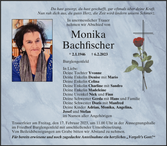 Traueranzeige von Monika Bachfischer von Mittelbayerische Zeitung Schwandorf