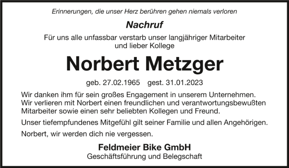  Traueranzeige für Norbert Metzger vom 03.02.2023 aus Mittelbayerische Zeitung Kelheim