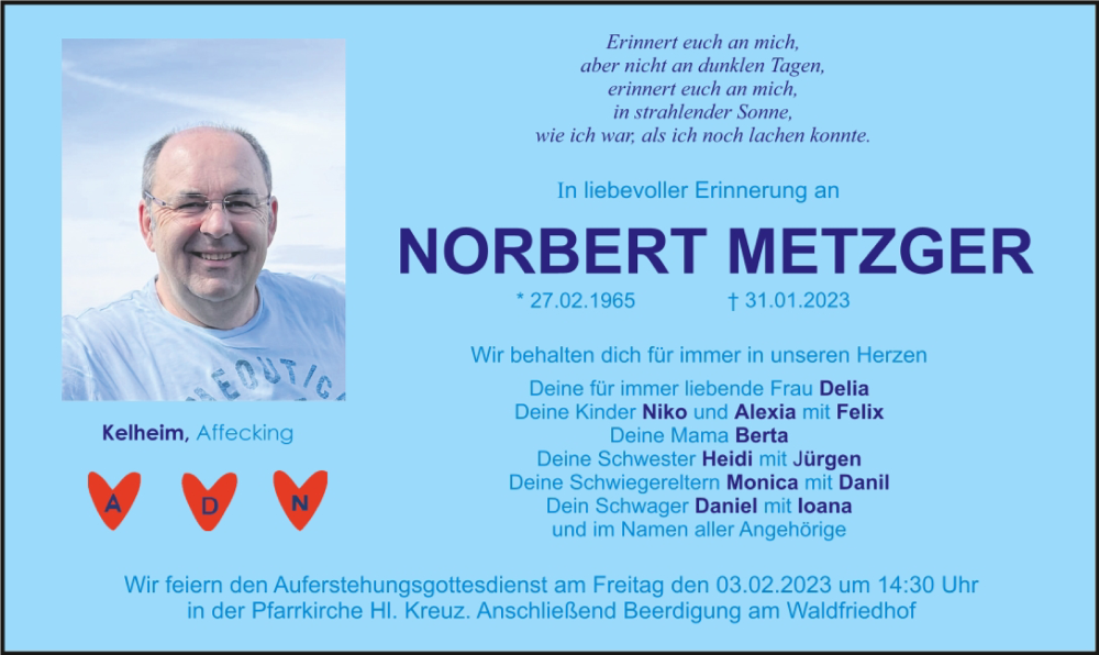  Traueranzeige für Norbert Metzger vom 02.02.2023 aus Mittelbayerische Zeitung Kelheim