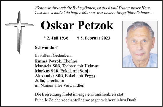 Traueranzeige von Oskar Petzok von Mittelbayerische Zeitung Schwandorf
