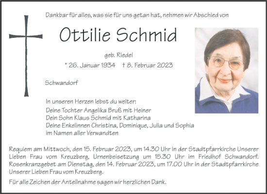 Traueranzeige von Ottilie Schmid von Mittelbayerische Zeitung Schwandorf