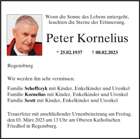 Traueranzeige von Peter Kornelius von Mittelbayerische Zeitung Regensburg