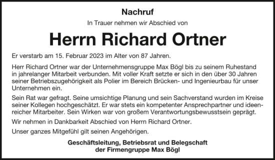 Traueranzeige von Richard Ortner von Neumarkter Tagblatt