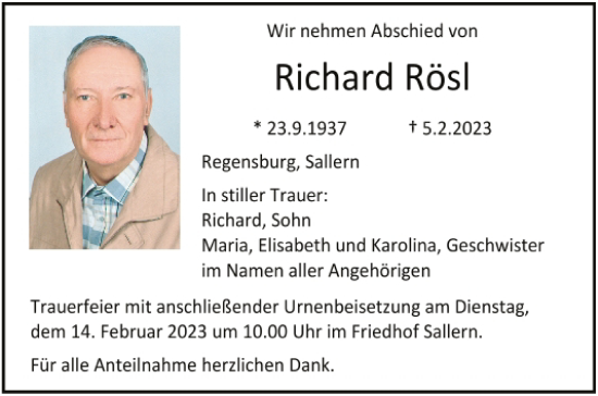 Traueranzeige von Richard Rösl von Mittelbayerische Zeitung Regensburg