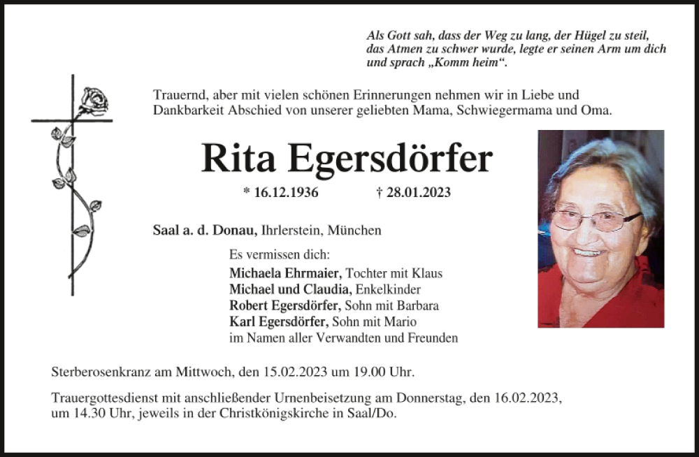  Traueranzeige für Rita Egersdörfer vom 13.02.2023 aus Mittelbayerische Zeitung Kelheim