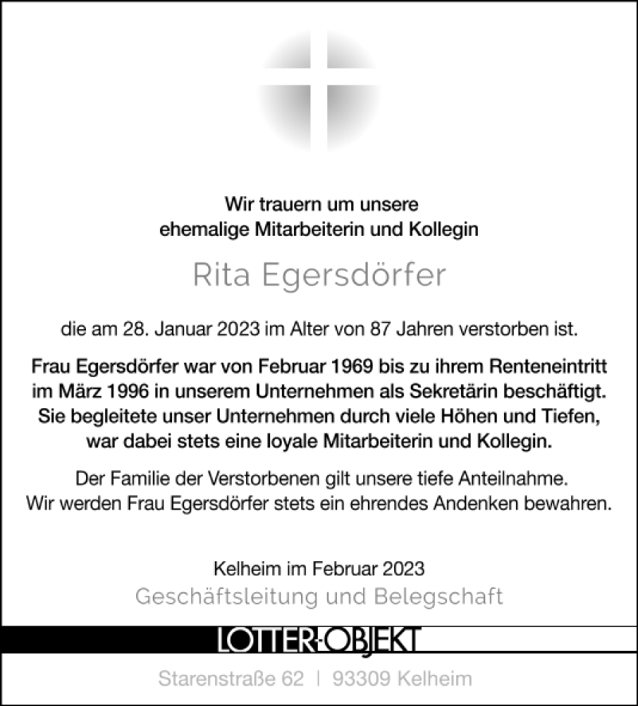  Traueranzeige für Rita Egersdörfer vom 16.02.2023 aus Mittelbayerische Zeitung Kelheim
