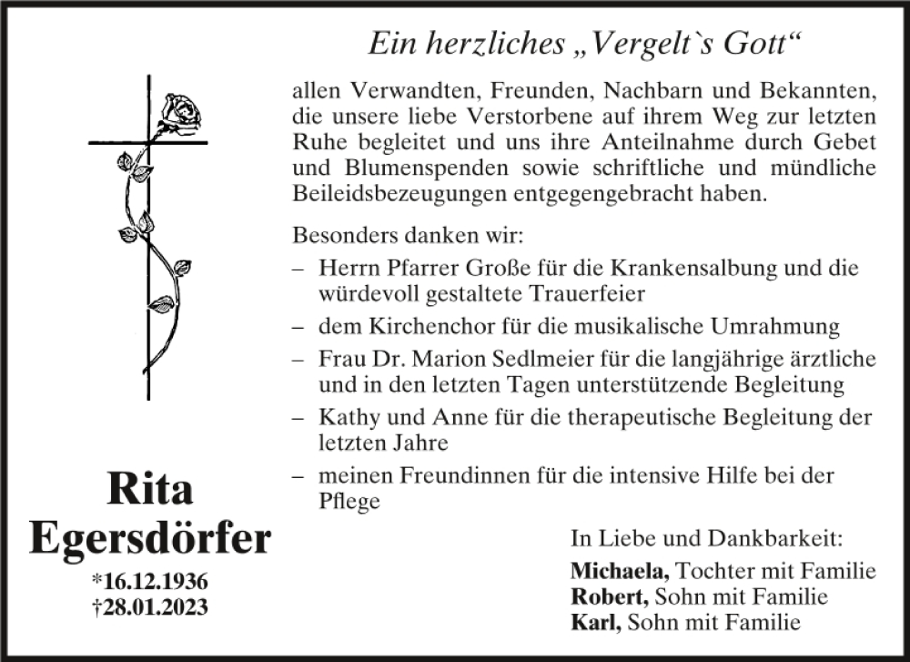  Traueranzeige für Rita Egersdörfer vom 25.02.2023 aus Mittelbayerische Zeitung Kelheim