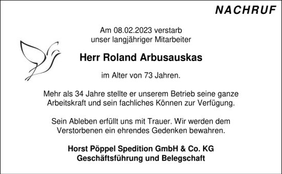 Traueranzeige von Roland Arbusauskas von Mittelbayerische Zeitung Regensburg