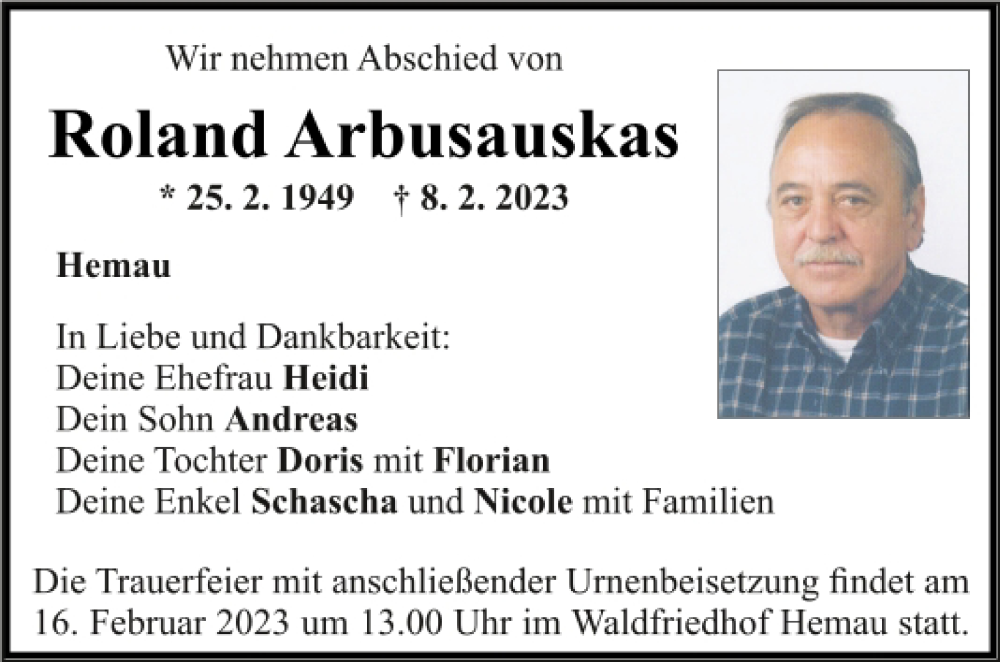  Traueranzeige für Roland Arbusauskas vom 14.02.2023 aus Mittelbayerische Zeitung Regensburg
