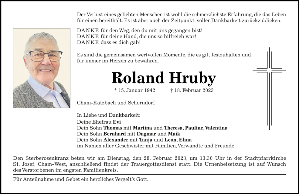  Traueranzeige für Roland Hruby vom 25.02.2023 aus Bayerwald Echo