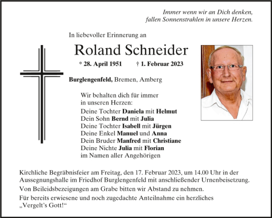 Traueranzeige von Roland Schneider von Mittelbayerische Zeitung Schwandorf