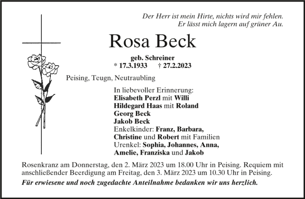  Traueranzeige für Rosa Beck vom 01.03.2023 aus Mittelbayerische Zeitung Kelheim