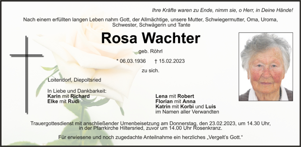  Traueranzeige für Rosa Wachter vom 21.02.2023 aus Bayerwald Echo