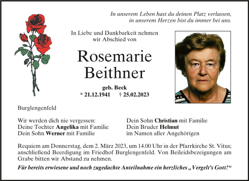  Traueranzeige für Rosemarie Beithner vom 01.03.2023 aus Mittelbayerische Zeitung Schwandorf
