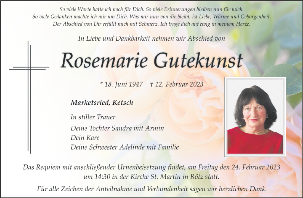  Traueranzeige für Rosemarie Gutekunst vom 21.02.2023 aus Bayerwald Echo